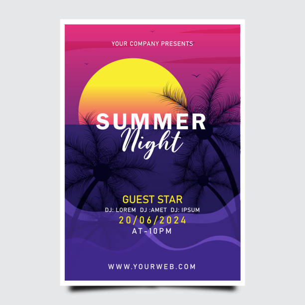 ilustrações, clipart, desenhos animados e ícones de summer night party poster template - romance travel backgrounds beaches holidays and celebrations