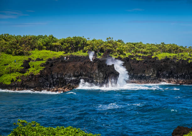 прекрасный вид на парк блэк сэнд на мауи, гавайи, с большими волнами, разбивающимися о берег - black sand beach hawaii islands maui стоковые фото и изображения