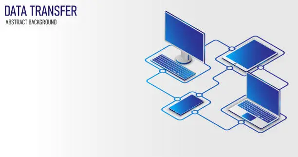 Vector illustration of Data transfer isometric concept, Digital data migration between computer, smartphone, laptop, and tablet. Download and manage multimedia, 3d isometric web design, and Vector illustrations.