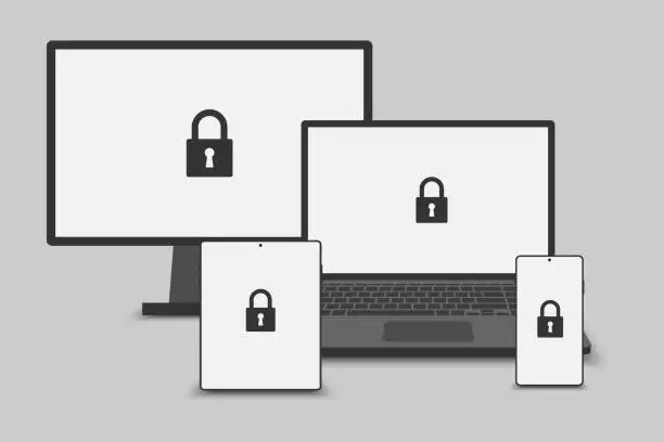 Vector illustration of Black and white realistic Laptop, PC, smartphone, and lock icon isolate on white background. Technology data protection, Internet security and safety information personal, Vector and Illustration.