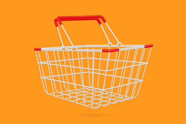 ilustraciones, imágenes clip art, dibujos animados e iconos de stock de cesta de la compra de acero. mango rojo aislado sobre fondo naranja para el diseño de publicidad de compras, vector 3d para el diseño del concepto de compras de la promoción - picking up flash