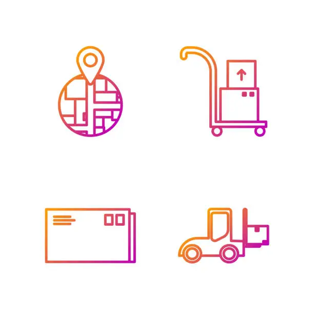 Vector illustration of Set line Forklift truck , Envelope , Placeholder on map paper in perspective and Hand truck and boxes . Gradient color icons. Vector