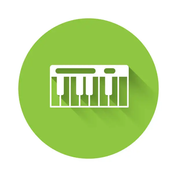 Vector illustration of White Music synthesizer icon isolated with long shadow background. Electronic piano. Green circle button. Vector