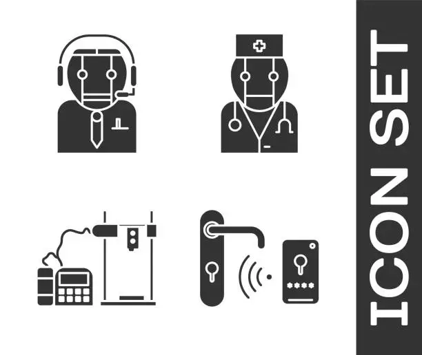 Vector illustration of Set Digital door lock with wireless technology for unlock, Worker robot, 3D printer and Robot doctor icon. Vector