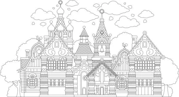 Vector illustration of Coloring. An ancient, fairy-tale castle.