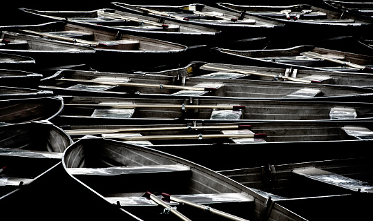 Rental rowboats “parked” in the early evening form an abstract pattern on the Boat Lake in Central Park.