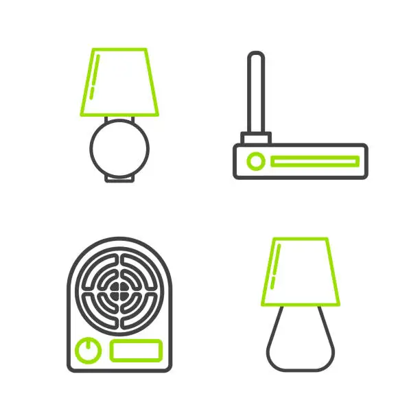 Vector illustration of Set line Table lamp, Electric heater, Router and wi-fi signal and icon. Vector