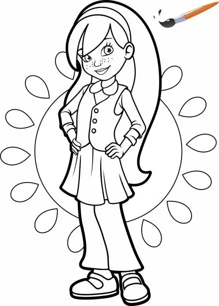 Vector illustration of Coloring book. Girl with long hair.