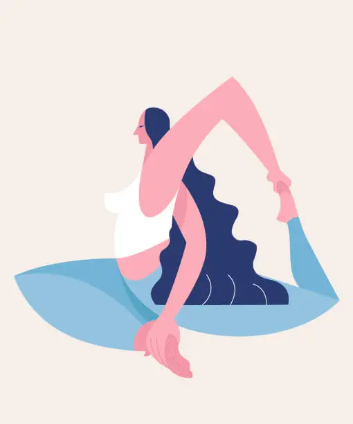 Vector illustration of woman practices yoga. Physical and spiritual practice - Vector illustration - cartoon style - vector illustration – linear illustration - flat character