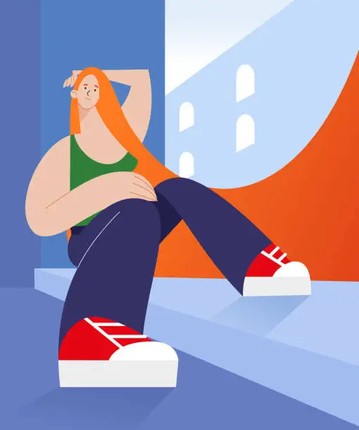 Vector illustration of redhead girl with red sneakers sitting on the sidewalk - flat character - vector illustration – linear illustration