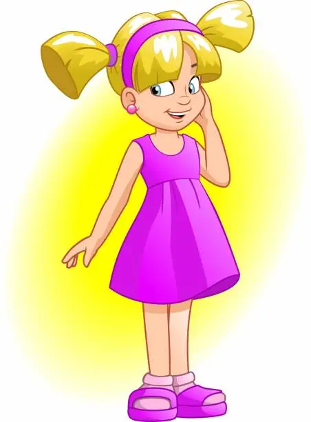 Vector illustration of Cartoon, cheerful girl in a pink dress.