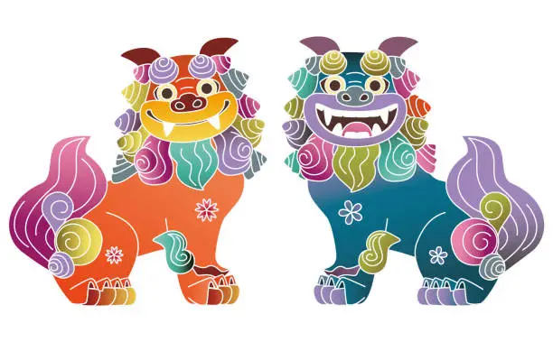 Vector illustration of Cute Okinawan Shisa illustration in Bingata style/illustration material (vector illustration)