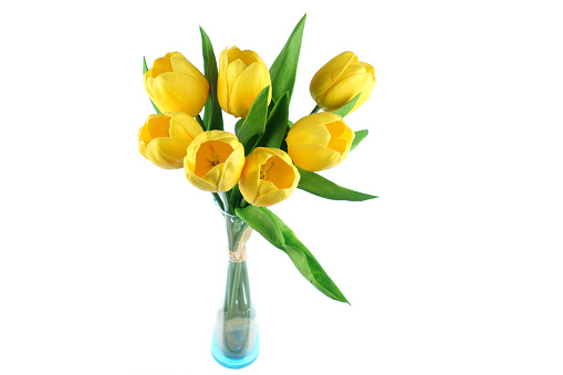 close up on artificial yellow tulip in the vase