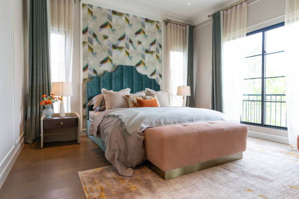 istock Luxury decorated cozy green bedroom interior. 2001811979