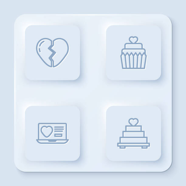 illustrations, cliparts, dessins animés et icônes de définir la ligne coeur brisé, gâteau de mariage avec, application de rencontre en ligne et . bouton carré blanc. vecteur - cake symbol icon set computer icon