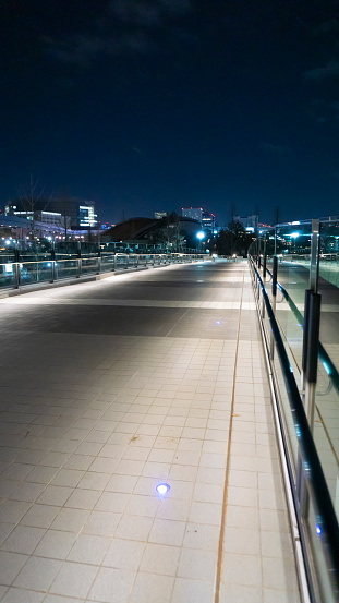 Footlights illuminating the footpaths on the sidewalk at night