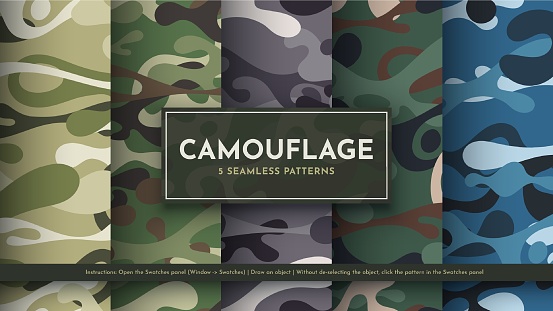 Set 5 Seamless Camouflage Patterns. War Illustration. Traditional Military Texture. Army Modern Background. Vector eps 10