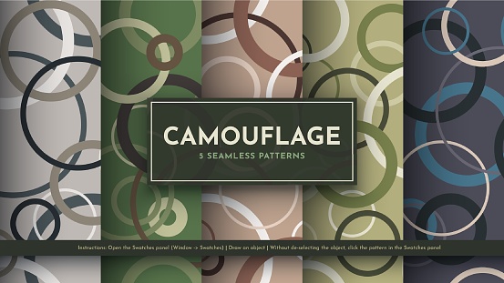 Set 5 Seamless Camouflage Patterns. War Illustration. Traditional Military Texture. Army Modern Background. Vector eps 10