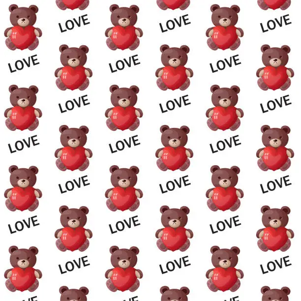 Vector illustration of Valentine s day seamless pattern with brown bear holding red heart on white background vector