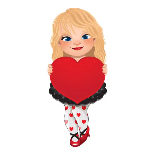 Vector illustration of Valentine s Day with Blonde Hair Girl holding Red Heart Cartoon Character Vector illustration