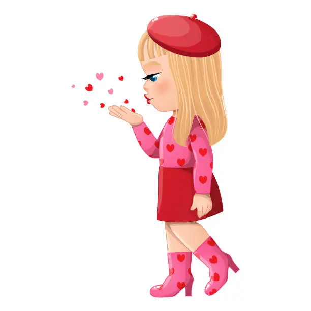Vector illustration of Valentine s Day with Blonde Hair Girl Side View Blowing Hearts flat vector illustration. Valentines Day Celebration Cartoon Vector