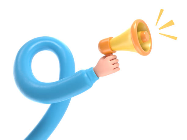 istock Cartoon Gesture Icon Mockup.3d hand holding yellow megaphone realistic icon,3D rendering on white background.long arms concept. 2001839526