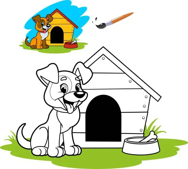 Vector illustration of A merry dog sits near a booth. Coloring.