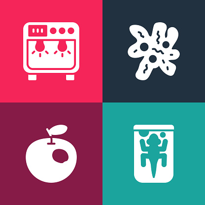 Set pop art Experimental animal, Genetically modified apple, Cell and Biosafety box icon. Vector.