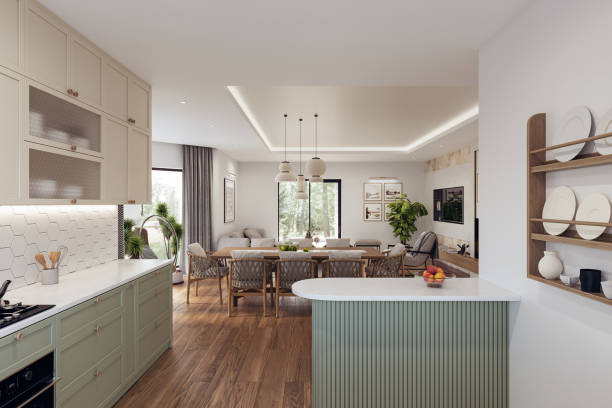 istock Open space living room and kitchen interior with large windows, TV wall, gray sofa, dining table and hardwood flooring. Modern design solution, 3d rendering 2001891204
