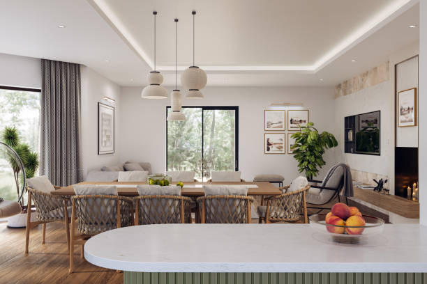 istock Open space living room and kitchen interior with large windows, TV wall, gray sofa, dining table and hardwood flooring. Modern design solution, 3d rendering 2001891207