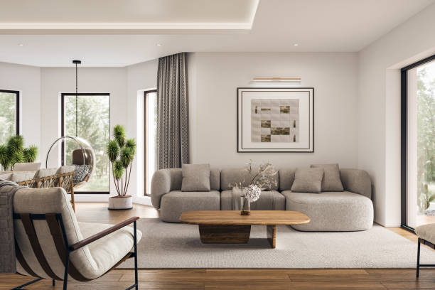 istock Open space living room and kitchen interior with large windows, TV wall, gray sofa, dining table and hardwood flooring. Modern design solution, 3d rendering 2001891213