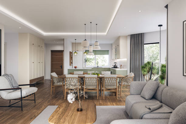 istock Open space living room and kitchen interior with large windows, TV wall, gray sofa, dining table and hardwood flooring. Modern design solution, 3d rendering 2001891217