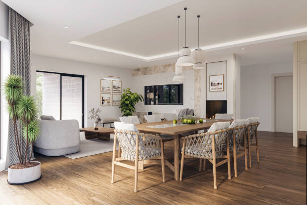 istock Open space living room and kitchen interior with large windows, TV wall, gray sofa, dining table and hardwood flooring. Modern design solution, 3d rendering 2001891218