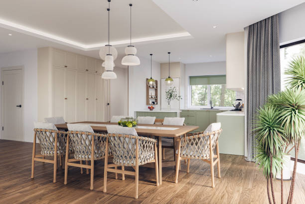 istock Open space living room and kitchen interior with large windows, TV wall, gray sofa, dining table and hardwood flooring. Modern design solution, 3d rendering 2001891219