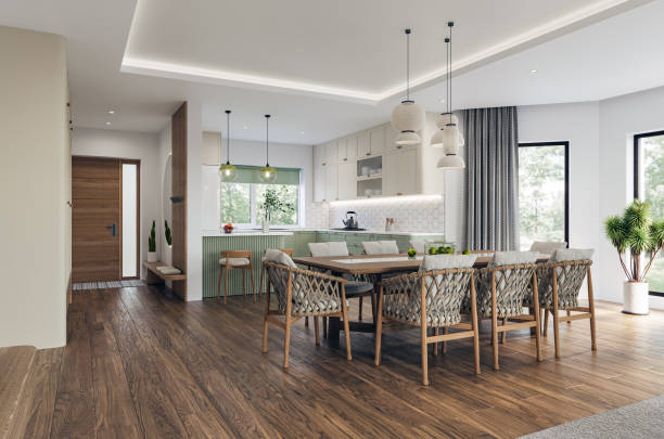 istock Open space living room and kitchen interior with large windows, TV wall, gray sofa, dining table and hardwood flooring. Modern design solution, 3d rendering 2001891723