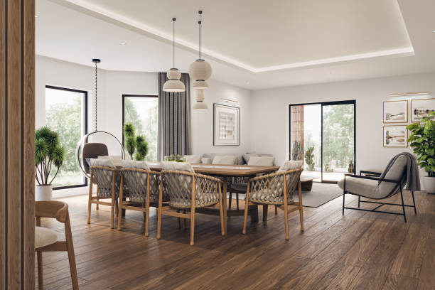 Open space living room and kitchen interior with large windows, TV wall, gray sofa, dining table and hardwood flooring. Modern design solution, 3d rendering