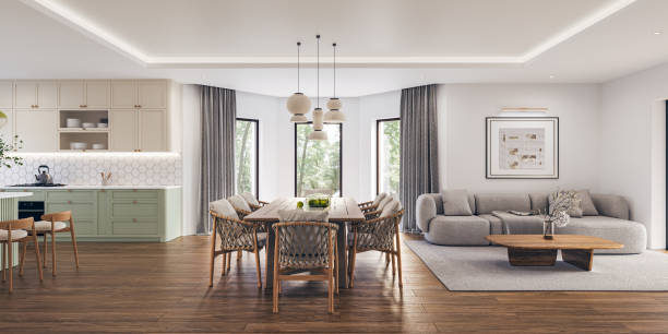 istock Open space living room and kitchen interior with large windows, TV wall, gray sofa, dining table and hardwood flooring. Modern design solution, 3d rendering 2001891728
