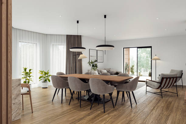 istock Open space living room and kitchen interior with large windows, TV wall, gray sofa, dining table and hardwood flooring. Modern design solution, 3d rendering 2001891731