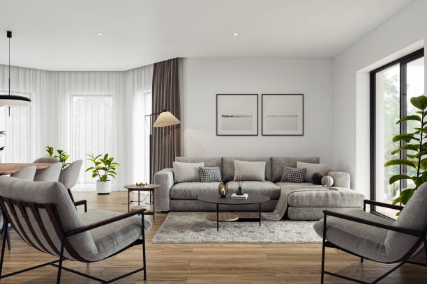 istock Open space living room and kitchen interior with large windows, TV wall, gray sofa, dining table and hardwood flooring. Modern design solution, 3d rendering 2001891733