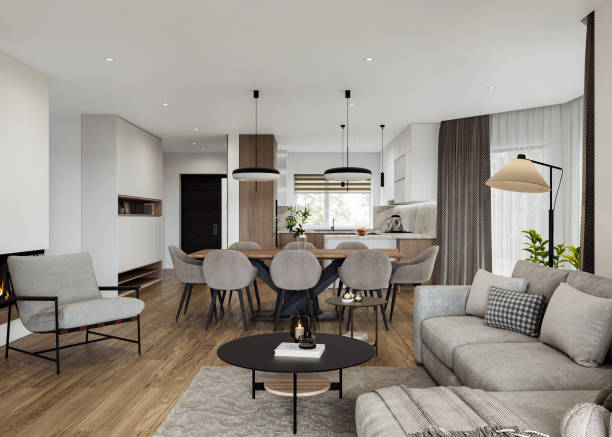 istock Open space living room and kitchen interior with large windows, TV wall, gray sofa, dining table and hardwood flooring. Modern design solution, 3d rendering 2001891734