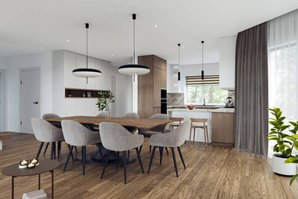istock Open space living room and kitchen interior with large windows, TV wall, gray sofa, dining table and hardwood flooring. Modern design solution, 3d rendering 2001891741