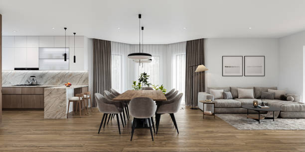 istock Open space living room and kitchen interior with large windows, TV wall, gray sofa, dining table and hardwood flooring. Modern design solution, 3d rendering 2001891742