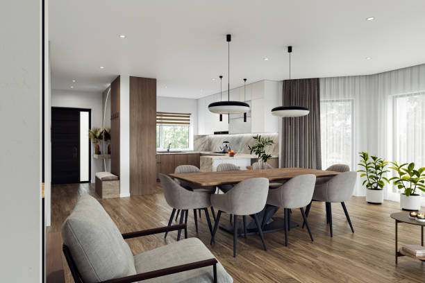 istock Open space living room and kitchen interior with large windows, TV wall, gray sofa, dining table and hardwood flooring. Modern design solution, 3d rendering 2001891743