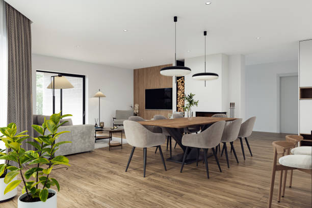 istock Open space living room and kitchen interior with large windows, TV wall, gray sofa, dining table and hardwood flooring. Modern design solution, 3d rendering 2001891744