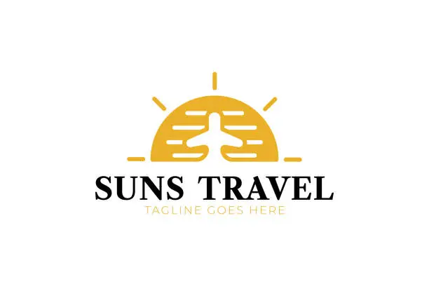 Vector illustration of Sun with plane symbol identity travel company symbol concept for tourism aircraft service