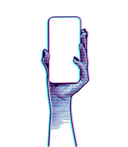 Vector illustration of Hand holding phone with blank screen and Glitch Technique