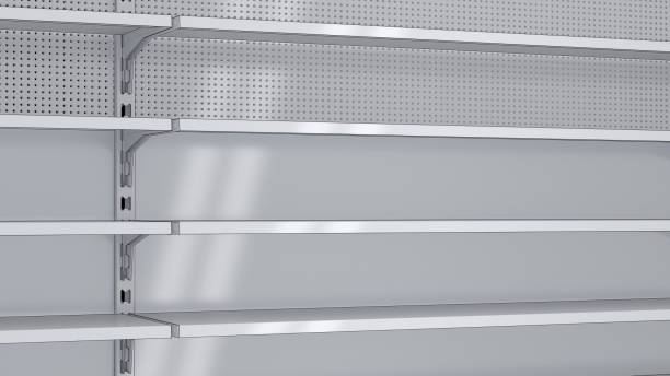 istock Supermarket empty white shelves mockup with sunlight spots 2001917598