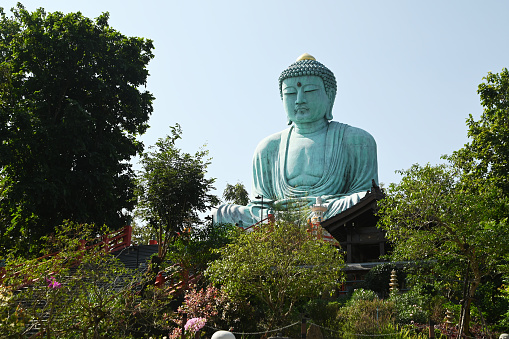 Outdoor great Buddha Daibutsu or Amitabhe Buddha at Wat Pra That Doi Pra Chan. It is a green rust Buddha statue made from a mixture of copper that was used to create it.