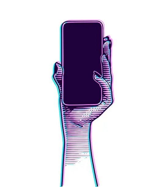 Vector illustration of Hand holding phone with blank screen and Glitch Technique