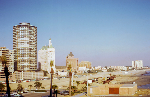 Long Beach, California, USA historic buildings along the waterfront looking south from the Long Beach Arena. Left to right - International Tower, Villa Riveria, Pacific Coast Club, St. Regis Building. Photo taken in 1967.